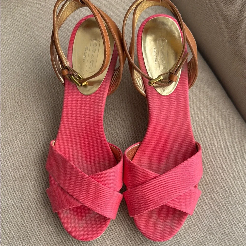Coach Pink and Brown Wedge‎ Sandals with Ankle Strap